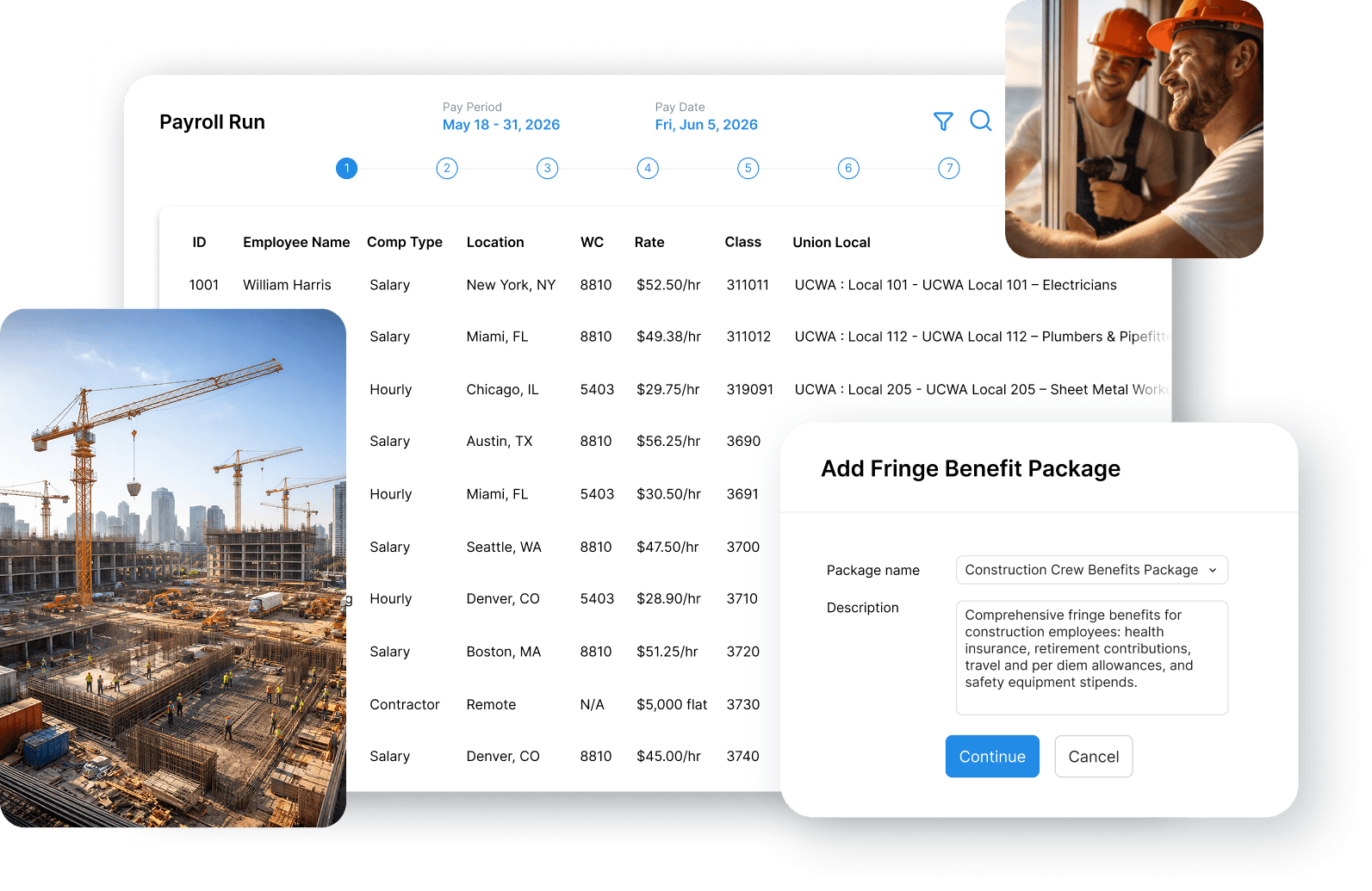 Worklio payroll, field time, certified payroll, and union workflow interface for construction teams