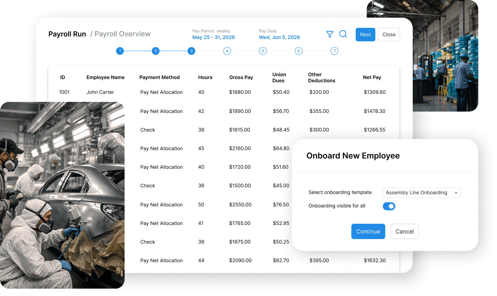 Worklio payroll and workforce operations interface for shift-based manufacturing teams