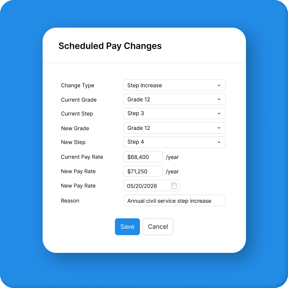 Scheduled pay changes interface for civil service classifications, grades, and step increases