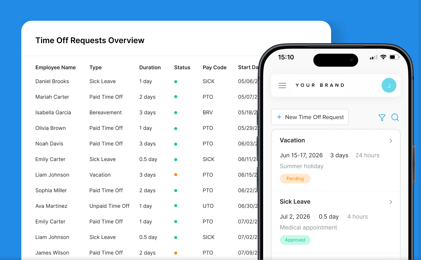 Worklio PTO management screen for employee time-off tracking