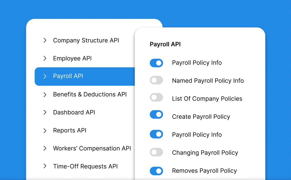 Payroll API configuration interface embedded in a platform