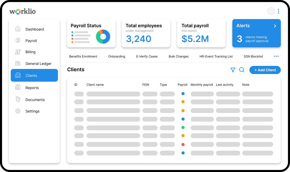 Worklio client and payroll overview for staffing firms and BPO partners