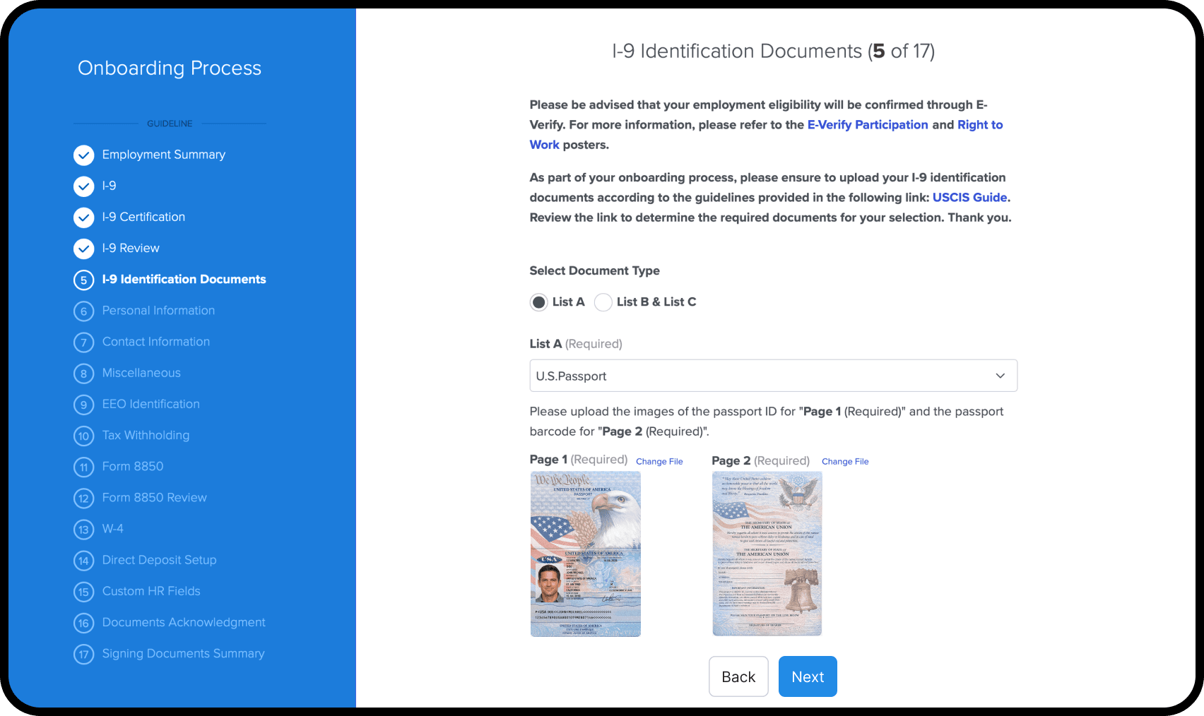 E-Verify and I-9 onboarding workflow interface