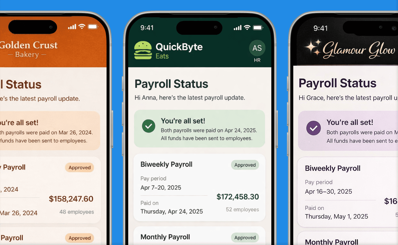Branded payroll user experience inside a vertical SaaS platform