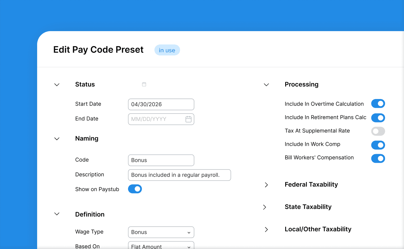 Configurable earning codes for commissions and variable pay
