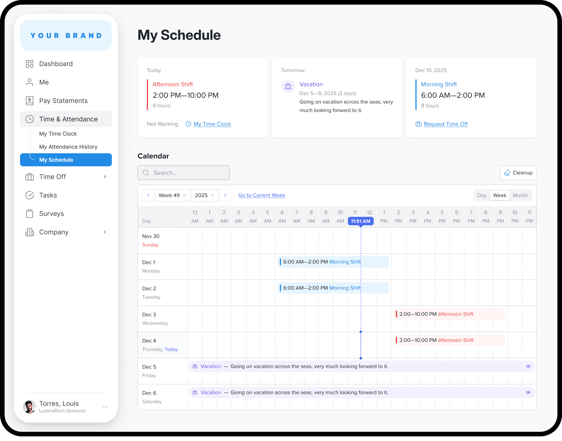 Employee schedule view in Worklio