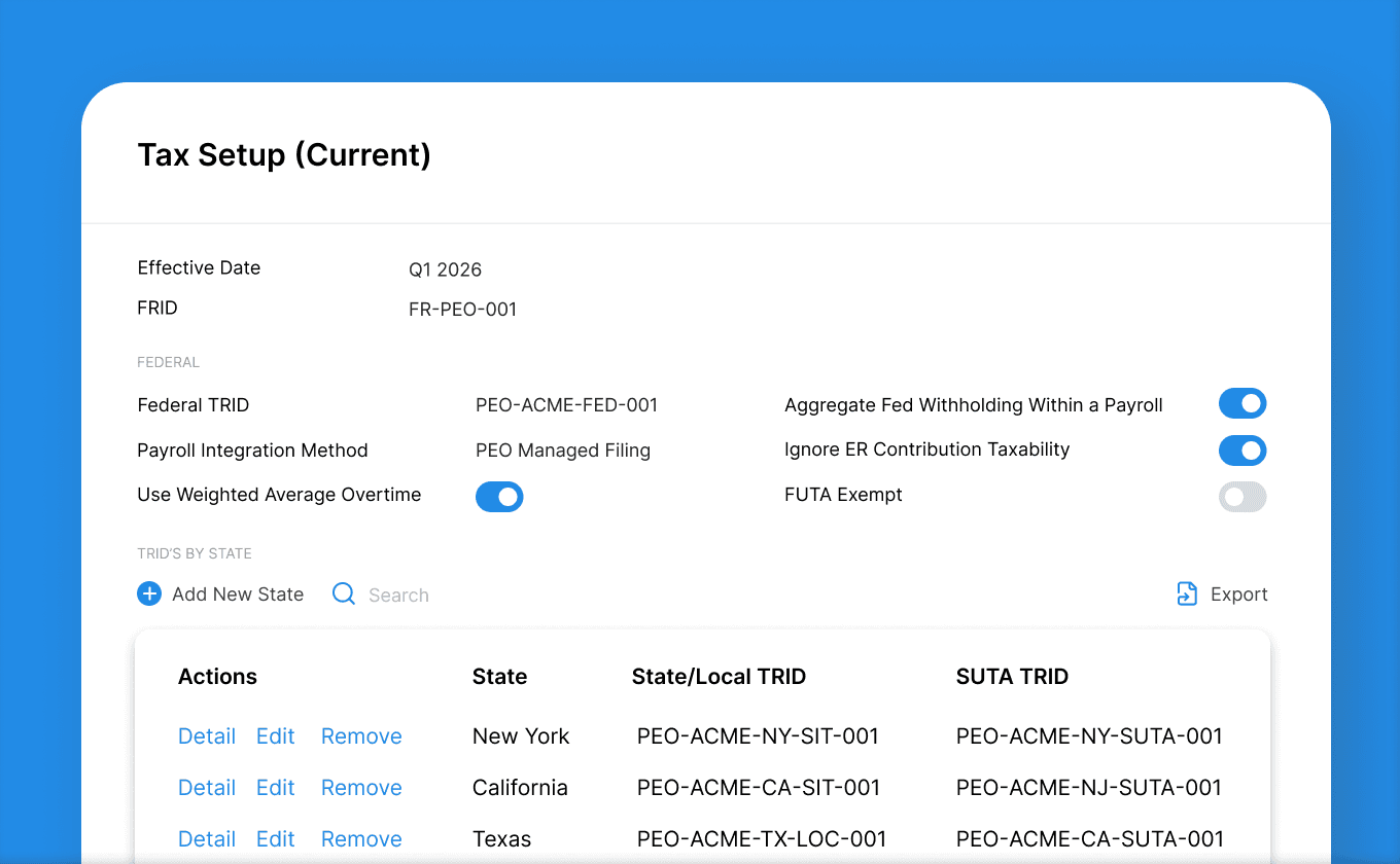 Multi-state tax setup and reciprocity configuration