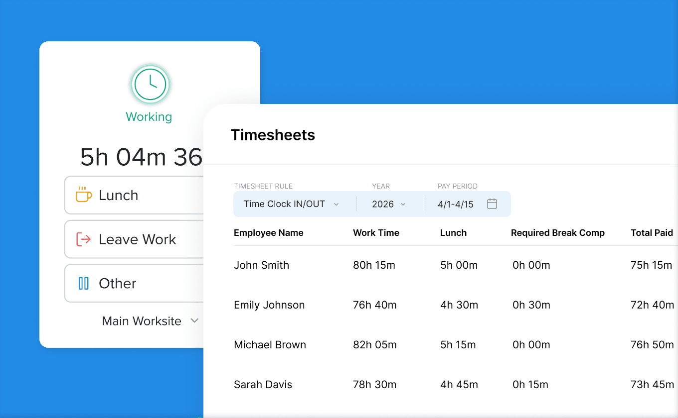 Time clock and timesheet tracking interface