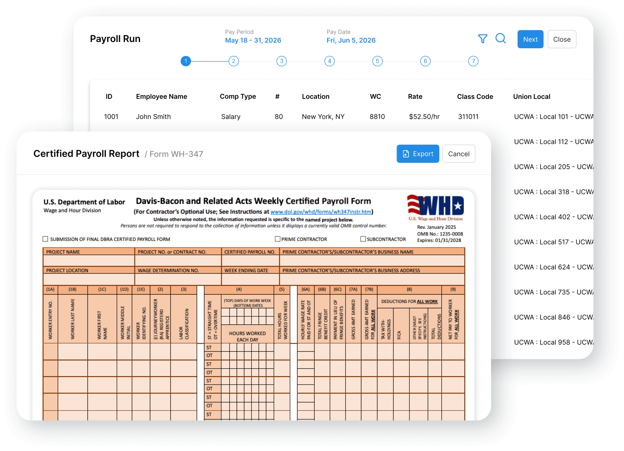 Certified payroll, prevailing wage, and union reporting workflows for construction companies in Worklio