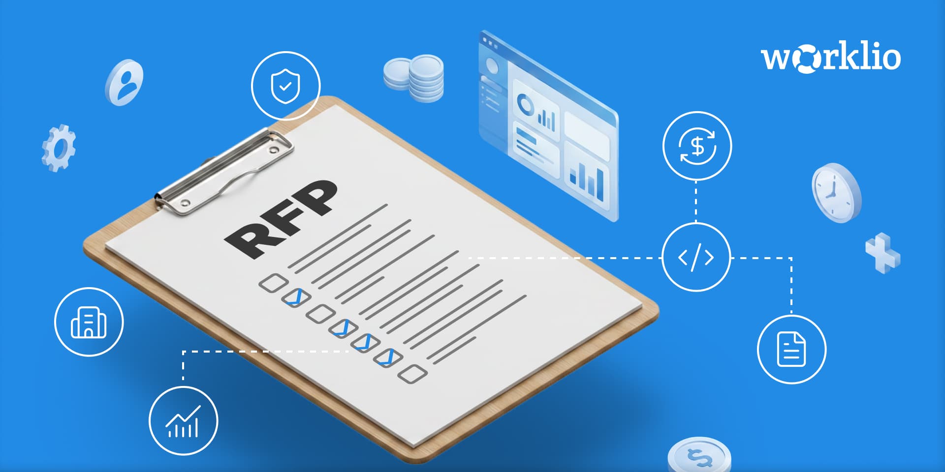 Clipboard with an RFP checklist surrounded by a payroll dashboard, coins, and icons for security, money movement, APIs, and reporting