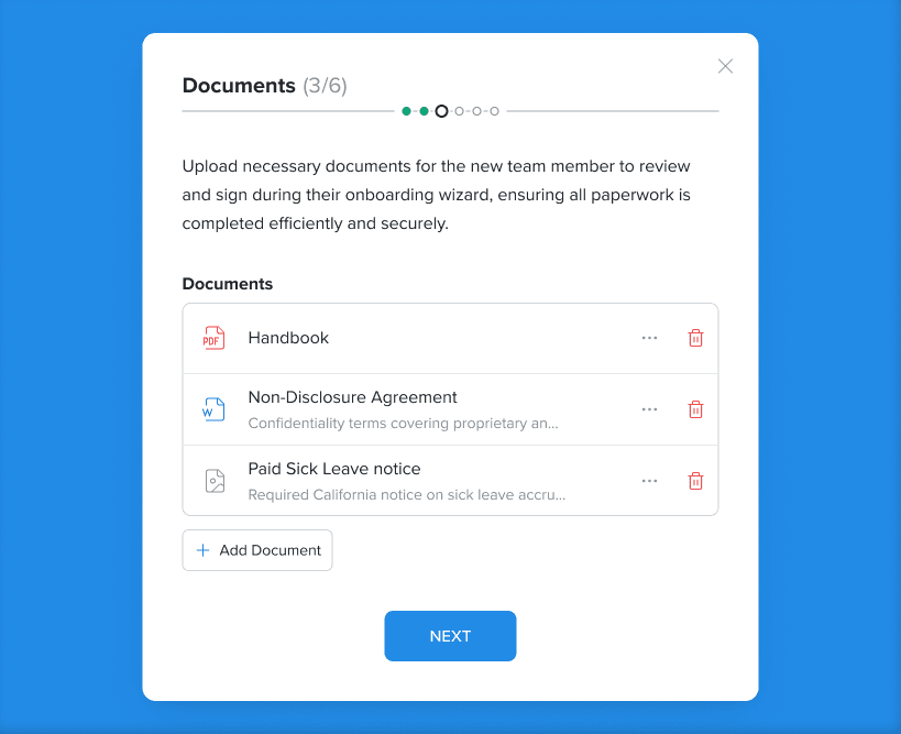Worklio onboarding documents step bringing PDF, Word, and image files together for new hires to review and sign in one flow