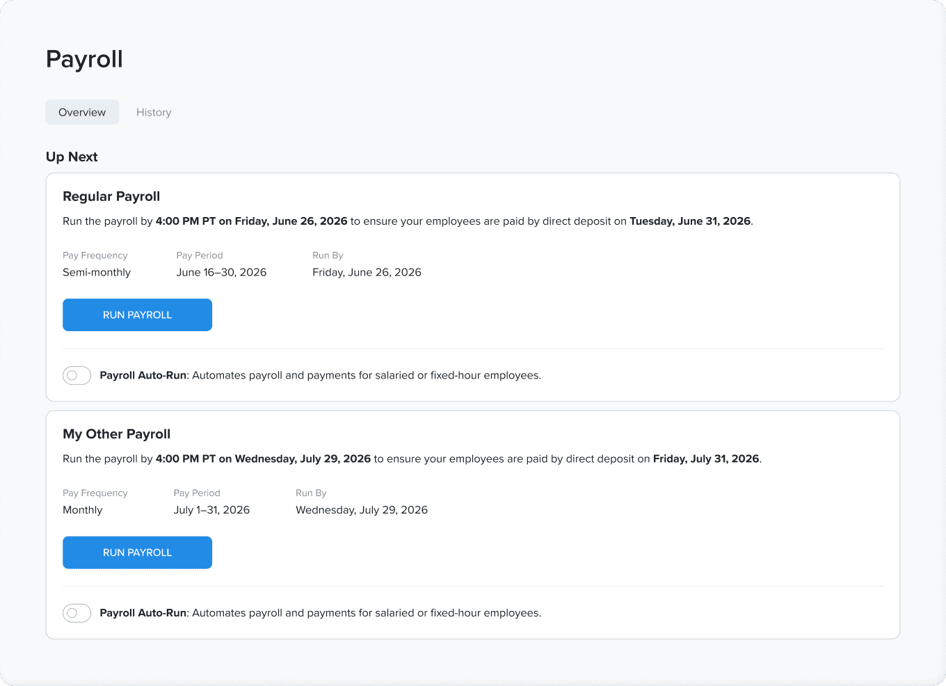 Run multiple payroll policies side by side in Worklio — a semi-monthly and a monthly schedule, each ready to run on its own timeline