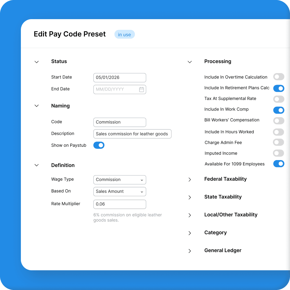Configurable earning codes for commissions and variable pay