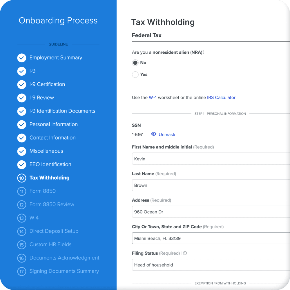 Online onboarding and tax withholding setup for seasonal hires