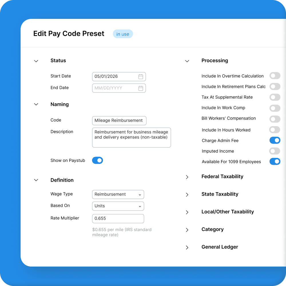 Configure per diem, mileage, and non-taxable reimbursement pay