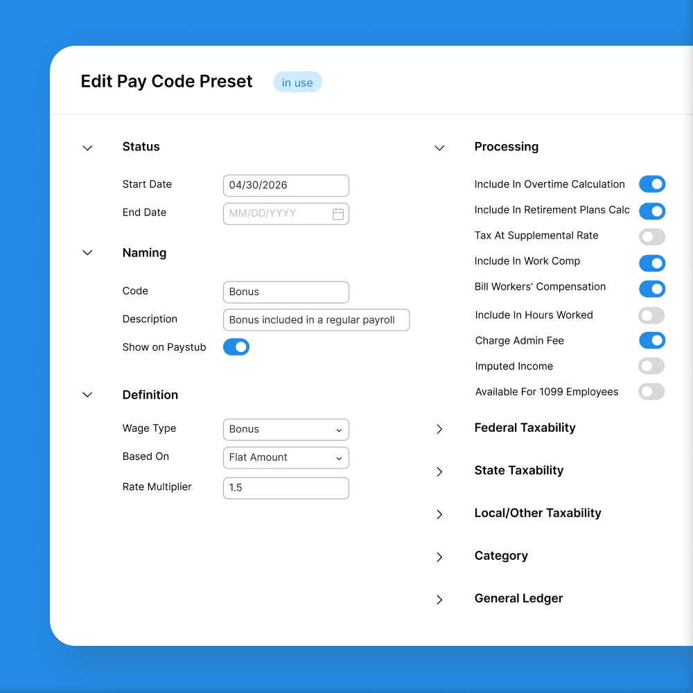 Payroll pay code configuration for piece rate and differentials