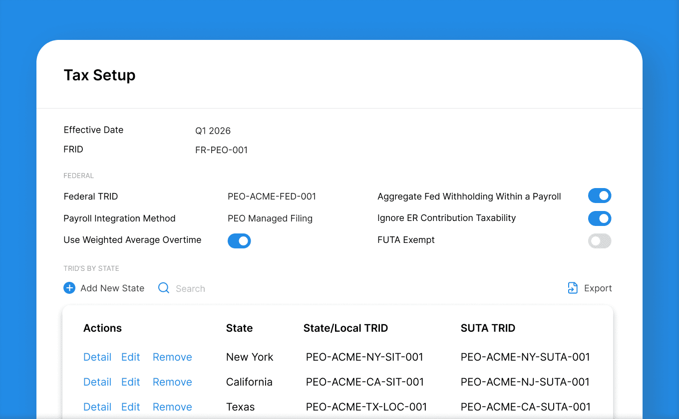 Tax setup workflow for multi-state and effective-dated changes in Worklio